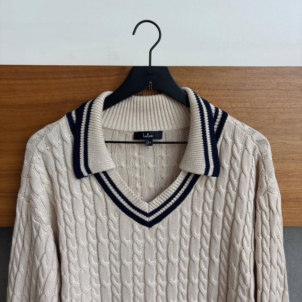 Lulus Posh Expert Beige Cable Knit Pullover Varsity Sweater, Size S - Picture 6 of 15